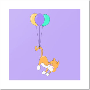 Cute Baby Cat Flying with Balloons Posters and Art